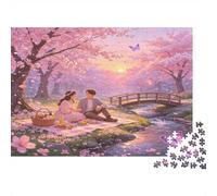 Pareja bajo cerezos Picnic Puzzle de 1000 Piezas Juego de Puzzle 1000 Piezas Cartón para Adultos Escena Primaveral Romántica Relajación Familia Regalo Decorativo 38x26cm/1000pcs