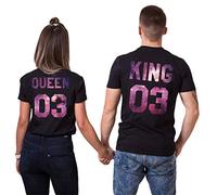 Pareja Camiseta King Queen T-Shirt Pareja Camiseta Rey Reina Casual Fashion Top tee 03 Impresión Hombres y Mujer Regalo del Día de San Jorge 100% Algodón Negro Blanco 1 Pieza(Sky-Negro-Queen,XL)