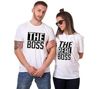 Pareja Camiseta para Mujer y Hombre The Boss y The Real Boss Impresión de Manga Corta Casual Fashion Top tee Verano 100% Algodón Negro Blanco 1 Pieza, Blanco-Men, L