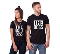 Pareja Camiseta para Mujer y Hombre The Boss y The Real Boss Impresión de Manga Corta Casual Fashion Top tee Verano 100% Algodón Negro Blanco 1 Pieza, Negro-Women, S