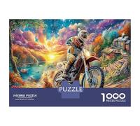 Pareja de Dibujos Animados Besándose en Motocicleta con Corazones Papel Grueso Motociclista al Atardecer y Paisaje Vibrante Paquete de Rompecabezas Regalo Interactivo para Ancianos 70x50cm/1000pcs