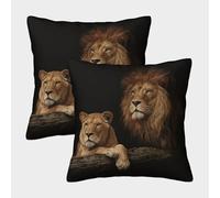 Pareja de Leones, Retrato de Animal Salvaje Funda Almohada 3D Estampada para Cama, Transpirable Y Lavable, Poliéster Suave para Adolescentes, Original 40x40cm