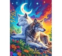 Pareja de Lobos Bajo la Luna Puzzle 300 Piezas Papel Mayores Mascota de Vida Silvestre Cute Alivio Ansiedad Actividad para La Mente Ocio Tranquilo En Casa Más Vendido Regalo Original