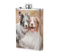 Pareja de perros pastores australianos Aussies,Frasco de acero inoxidable 304 de 8 oz con funda de cuero sintético, frasco de bolsillo para licor plano para exteriores