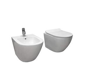 Pareja de sanitarios suspendidos Rimless sin brida, serie redonda con tapa con cierre suave incluida PRODUCTO (GIO.32 + GIO.33)