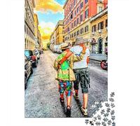 Pareja Dibujada a Mano Caminando Calle Ciudad Puzzle de 1000 Piezas Puzzle para Adultos Puzzle de Papel Puzzle para Toda la Familia Relajante Decoración Regalo 38x26cm/1000pcs