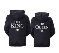 Pareja King Queen Sudadera con Capucha de Manga Larga con Capucha Pullover para Hombres y Mujeres Pareja Sudadera King and Queen Hoodie Negro Blanco Gris 1 Pieza(Negro-King,L)