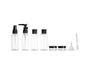 PARENCE. Kit de viaje botellas de 8 piezas - Conjunto de botellas de recarga de 70 ml - dispensador, spray, embudo - Accesorios cosméticos para avión de cabina - 8 piezas