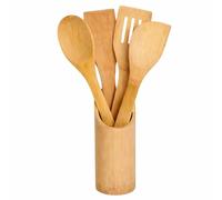 PARENCE - UTENSILIOS DE COCINA DE MADERA 5 PIEZAS 30CM - Juego de Bambú con soporte - Espátula y cuchara para cocina