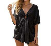 Pareo de Playa Mujer Sexy Cuello Redondo Mangas Murciélago Suelto Transpirable Verano Bañador Cubierta de Baño Elegante Ligero (Khaki, L)
