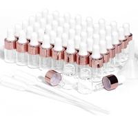 Parfumlism 50 Pcs Mini botellas cuentagotas de vidrio 2ml,botellas de aceite esencial con tapa dorada rosa,viales de tintura vacíos transparentes con dispensador de cuentagotas utilizado