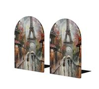 París Francia Torre Eiffel - Extremos de libros de pintura al óleo para estantes, 1 par de sujetalibros de madera, soporte de metal resistente, tapón decorativo para libros, para el hogar, oficina