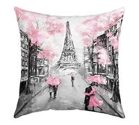 Paris Funda de cojín de 40x40 cm, diseño de la Torre Eiffel Francesa para el hogar, cama, sofá, funda de cojín con temática retro de París, acuarela, funda de cojín decorativa, rosa y gris