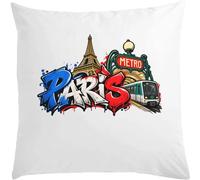Paris Graffiti con Torre Eiffel Metro - Almohada blanca de 40 x 40 cm con relleno, color blanco