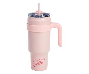 Paris Hilton - Botella de agua de acero inoxidable rosa con mango de plástico y pajita, 1,1 L, doble pared aislada, mango extraíble