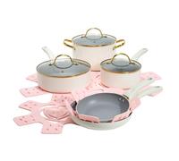 Paris Hilton Epic - Juego de ollas y sartenes antiadherentes, revestimiento antiadherente multicapa, tapas de vidrio templado, tacto suave, asas que se mantienen frías, fabricado sin PFOA, juego de