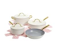 Paris Hilton Iconic Juego de ollas y sartenes antiadherentes, revestimiento antiadherente multicapa, tapas a juego con asas doradas, fabricado sin PFOA, juego de utensilios de cocina aptos para