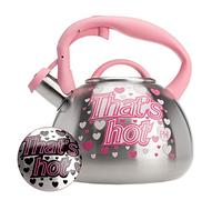 Paris Hilton Tetera silbante para estufa, acero inoxidable con diseño de indicador de calor que cambia de color, mango suave al tacto, 2.5 cuartos de galón, rosa