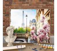 París Pintura por Numeros para Adultos y Niños con Kit Completo, DIY Flor Pintura por Números 40x50cm (Enrollado Sin Arrugas), 3 Pinceles y Pinturas Acrílicas- Decoración del Hogar, Regalo W-O809