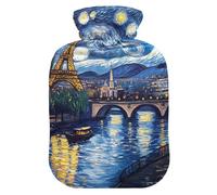 Paris Starry Night - Botella de agua caliente con funda de terciopelo suave, bolsa de agua caliente para calambres menstruales, tamaño mediano