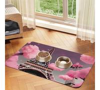 Paris Street - Alfombrilla de alimentación para mascotas, diseño de Torre Eiffel con estampado floral, absorbente, antideslizante, de piel sintética, para perros y gatos, parte inferior de goma