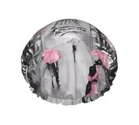 Paris Street - Gorro de ducha con estampado floral rosa para mujeres y hombres, reutilizable, doble capa, impermeable, duradero, transpirable