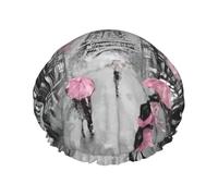 Paris Street - Gorros de ducha con diseño floral rosa para mujer, gorros de baño elásticos y reutilizables, doble capa impermeable, gorros de ducha de baño