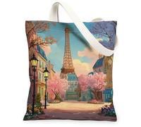 Paris Tower - Bolsa de lona para mujer, diseño de flores de cerezas románticas, lámpara de calle, primavera, melocotón, lavable, reutilizable, mercado T, Melocotón, 13x15 Inch