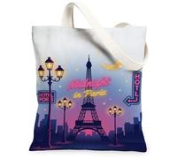 Paris Tower - Bolsa de lona para mujer, diseño urbano de noche, lámpara de calle, luna, verano, azul, lavable, reutilizable, bolsas de compras, Azul, 13x15 Inch