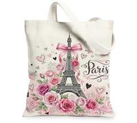Paris Tower - Bolsa de lona para mujer, romántica fantasía, rosas, corazones, primavera, melocotón, lavable, reutilizable, ideas para viajes, trabajo, compras, librería, 13 x 15 pulgadas