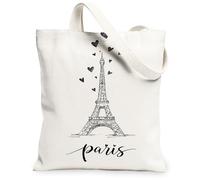 Paris Tower - Bolsa de lona para mujer, romántica minimalista, diseño de corazones de París, primavera, color negro, lavable, reutilizable, tamaño pequeño, Negro, 13x15 Inch