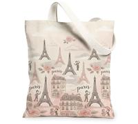 Paris Tower - Bolsa de lona para mujer, romántica, vintage, rosa, primavera, melocotón, lavable, reutilizable, bolsa de mercado, ideas para familiares, amigos, colegas, lectura, amor, 13 x 15 pulgadas