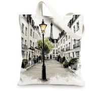 Paris Tower - Bolsas de lona reutilizables con patrón artístico de paisaje urbano, vintage, ligeras, lavables, con correa de hombro, para viajes, picnic, 13 x 15 pulgadas