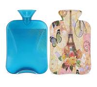Paris Travel - Botella de agua caliente vintage con funda esponjosa, 2 L, gran capacidad, bolsa de agua para noches acogedoras, alivio del dolor, espalda, cuello y hombros
