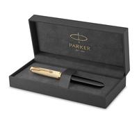 Parker 51 pluma estilográfica | cuerpo de lujo de color negro con adorno dorado | plumín fino de 18 K con cartucho de tinta negra | estuche de regalo