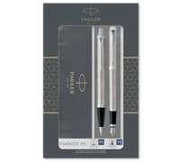 PARKER Dúo equipado | IM | Acero inoxidable con detalles cromados | Bolígrafo medio y pluma estilográfica de plumín mediano | Tinta azul