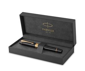 Parker Duofold Classic | pluma estilográfica Centennial con adornos bañados en oro | plumín fino de oro macizo | tinta negra y convertidor