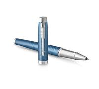Parker IM bolígrafo roller | Azul-gris Premium con adornos cromados | Punta fina con recambio de tinta negra | Estuche de regalo