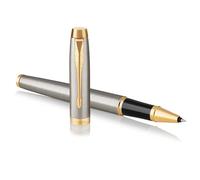 Parker IM Bolígrafo Roller | Punto fino | acero inoxidable con adorno dorado | tinta negra | en estuche de regalo
