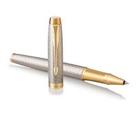 PARKER IM Bolígrafo Roller | Punto fino | color plata premium con adorno dorado | tinta negra | en estuche de regalo