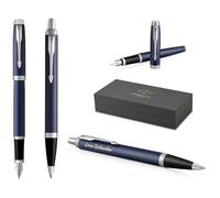Parker IM Core - Pluma estilográfica y bolígrafo con grabado | pluma premium | paquete regalo | tinta negra | regalo personalizado | nombre | grabado | cumpleaños (Azul opaco C.C.)