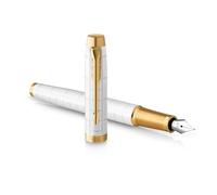 Parker IM pluma estilográfica | Lacada en color perla Premium con adornos dorados| Punta fina con recambio de tinta azul | Estuche de regalo