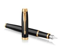 Parker IM pluma estilográfica | lacada en negro con adorno dorado | plumín fino y recambio de tinta azul | en estuche de regalo