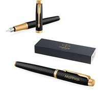 Parker IM Premium - Pluma estilográfica con grabado | bolígrafo premium | caja de regalo | tinta azul | regalo personalizado | nombre | grabado | pluma | cumpleaños (negro/dorado G.C.)
