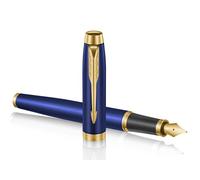 Parker IM Premium - Pluma estilográfica de edición limitada, laca azul brillante con bordes dorados, punta dorada fina, tinta negra, en caja de regalo