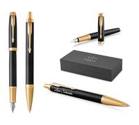 PARKER IM Premium Pluma estilográfica y bolígrafo con grabado | Premium Pen | Caja de regalo | tinta azul | regalo personalizado | Aniversario | Cumpleaños (negro/dorado G.C.)