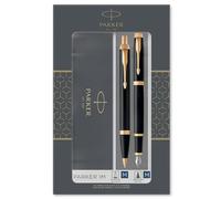 Parker IM set de regalo doble con bolígrafo y pluma estilográfica, acabado negro con adorno dorado, cartucho y recambio de tinta azul, estuche de regalo