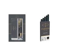 PARKER IM set de regalo doble con bolígrafo y pluma estilográfica, acabado negro con adorno dorado + Quink recambios para plumas estilográficas, cartuchos largos, tinta negra