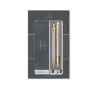 Parker Pens Set regalo IM – bolígrafo y roller, metal cepillado con adorno dorado, estuche