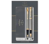 Parker IM set de regalo doble con bolígrafo y rotulador roller, metal cepillado con adorno dorado, cartucho y recambio de tinta negra, estuche de regalo